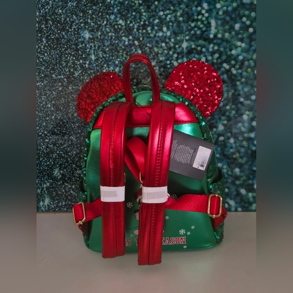 Loungefly Disney \'Tis The Season\' Red Green Sequin Mini Backpack NWT main image 5